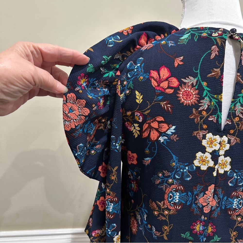 Haute Monde Floral Ruffle Cold Shoulder Blouse Crepe Bold Colors Navy Blue - Picture 8 of 11